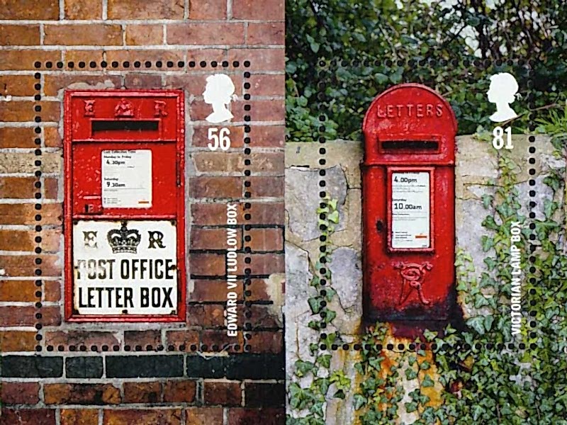 Two stamps showing photos of red wall post boxes.