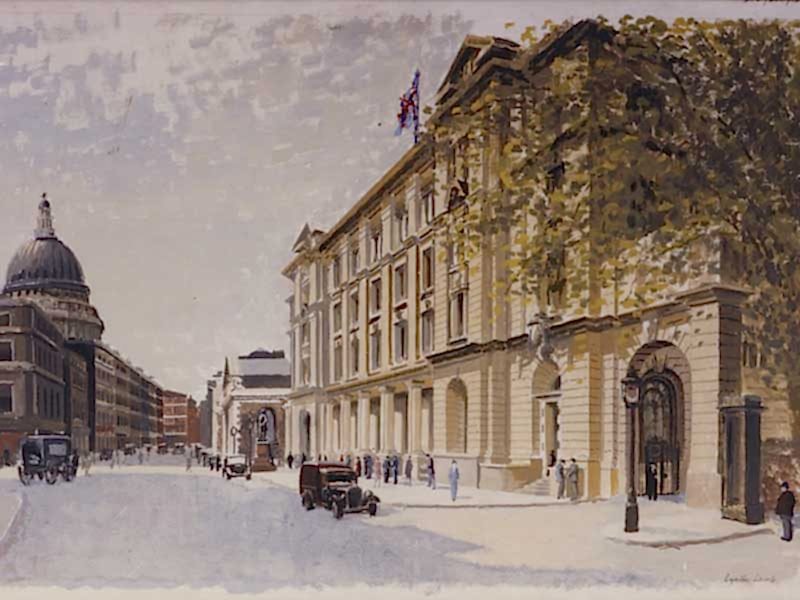 An old oil painting of London with St. Paul's Cathedral visible in the background.