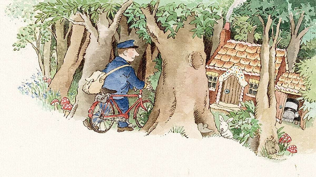 A book illustration showing the Jolly Postman riding a red bicycle through the woods.